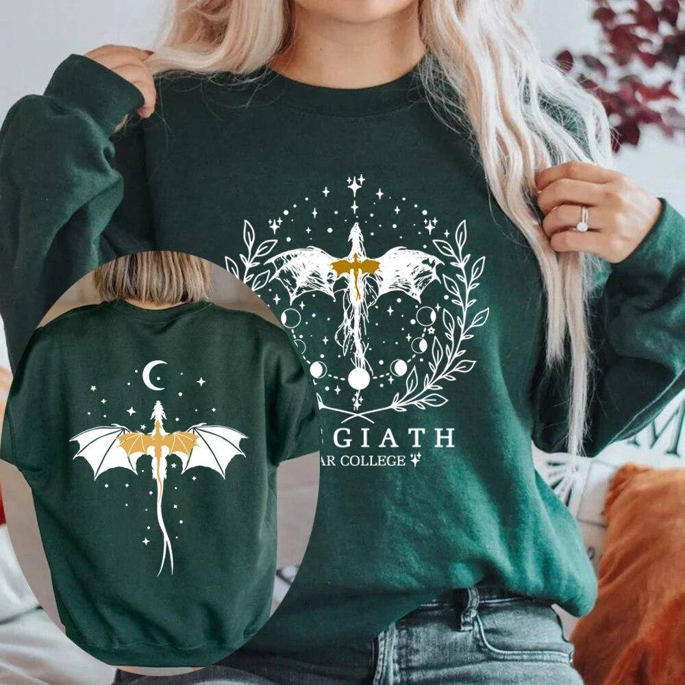 Vintage Fourth Wing dubbelsidig tröja Basgiath War College tröja Dam sweatshirts Bokaktig luvtröja Långärmade tröjor cm mörkgrön färg