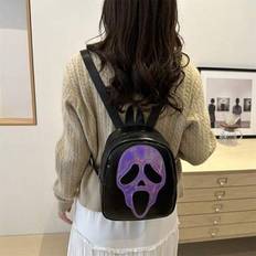 Fashion Color Block Skull Print PU Leather Large Capacity Zipper Casual Versatile Backpack, Suitable For Women To Use In Halloween - Purple