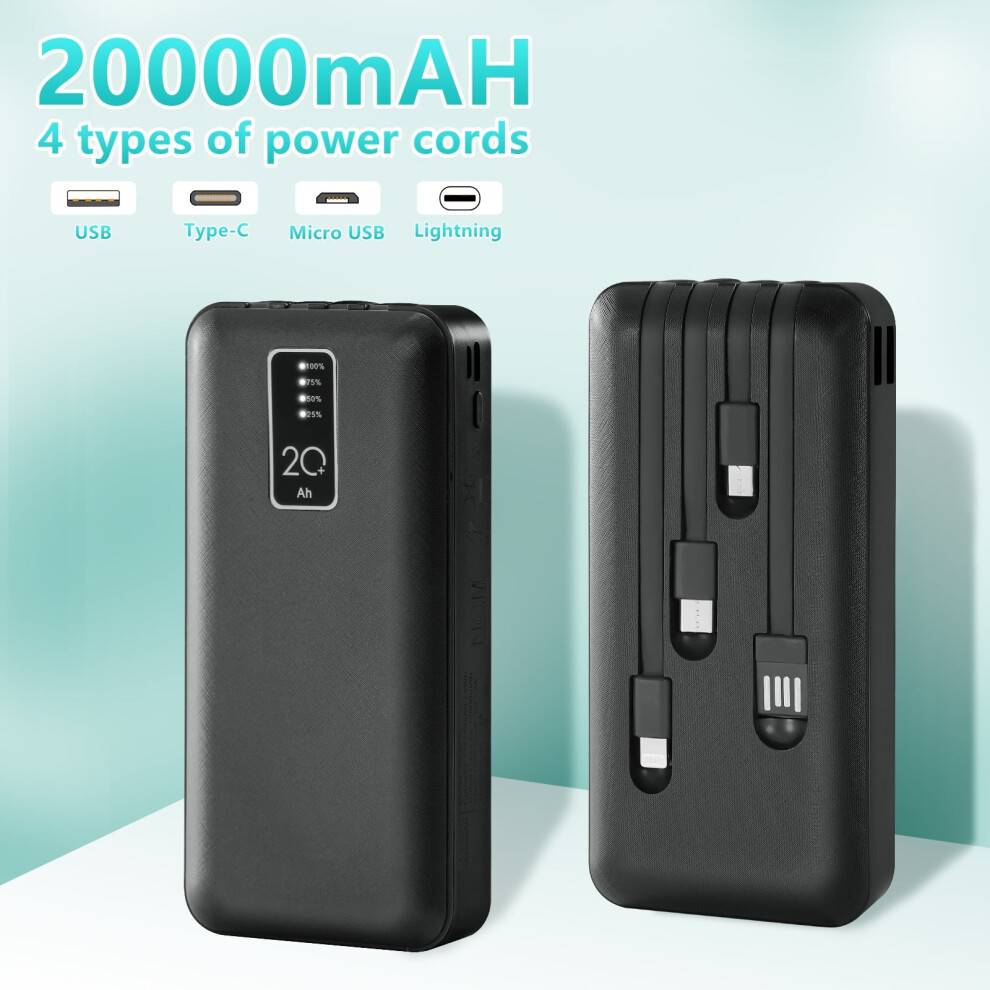 20000mAh bærbar powerbank med 4 indbyggede kabler.