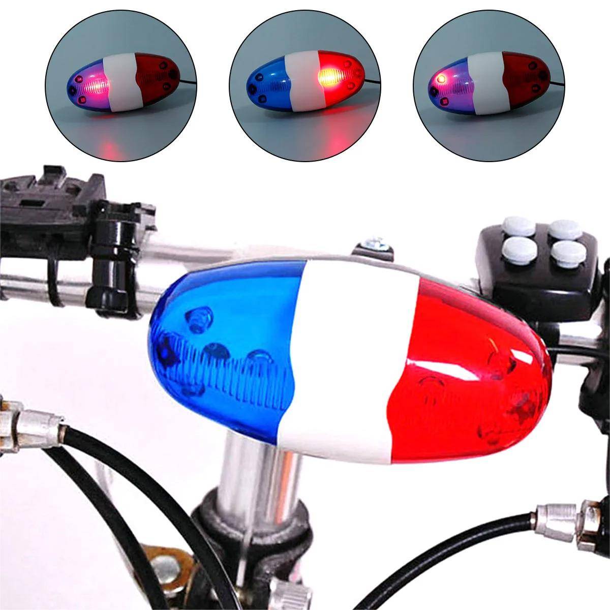 Polissiren för cykel 4 ljud Melodi Cykelhorn Varningssiren Klocka 6-LED Strobe Röd & Blå Cykelpolisljus för Barnskoter blå