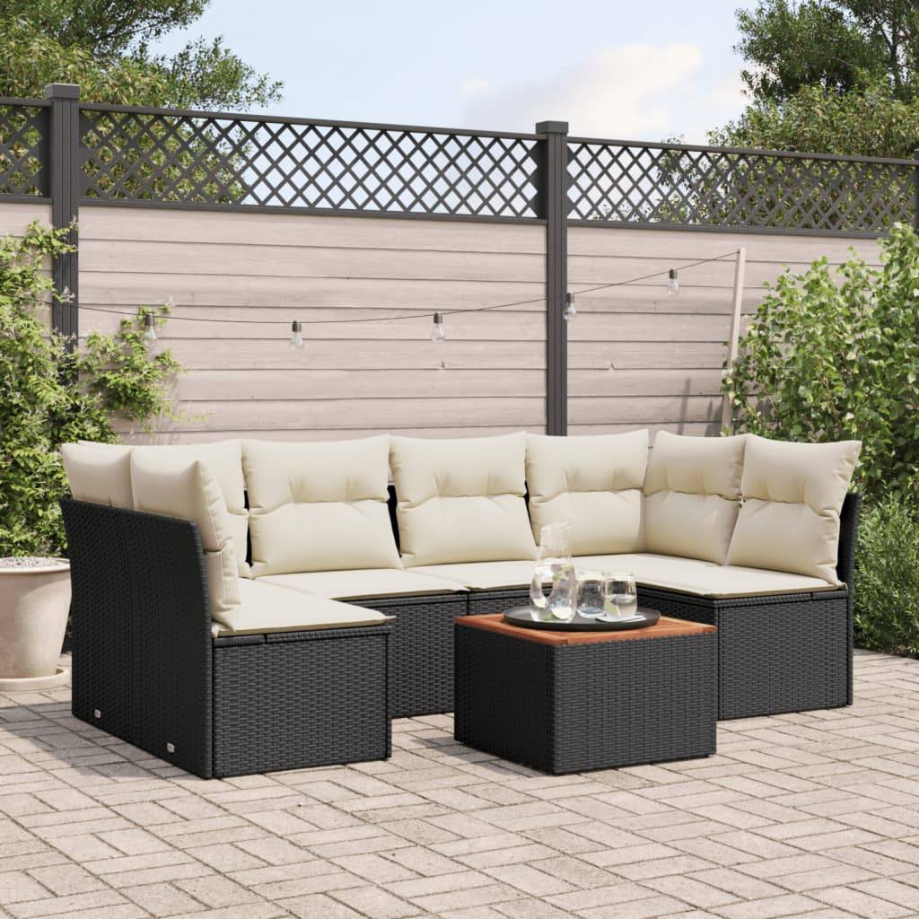 Havesofasæt 7 Dele Med Hynder Polyrattan - Sort og cremefarvet / 4x midterdel 2x hjørnedel bord