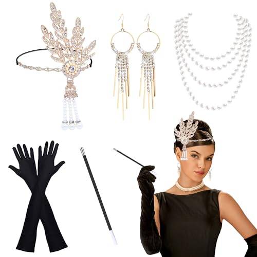 HCSSZ 20-tals kostym tillbehör dam, 1920-tals flapper Great Gatsby accessoarer set med pannband, handskar, halsband, örhängen för karneval halloween