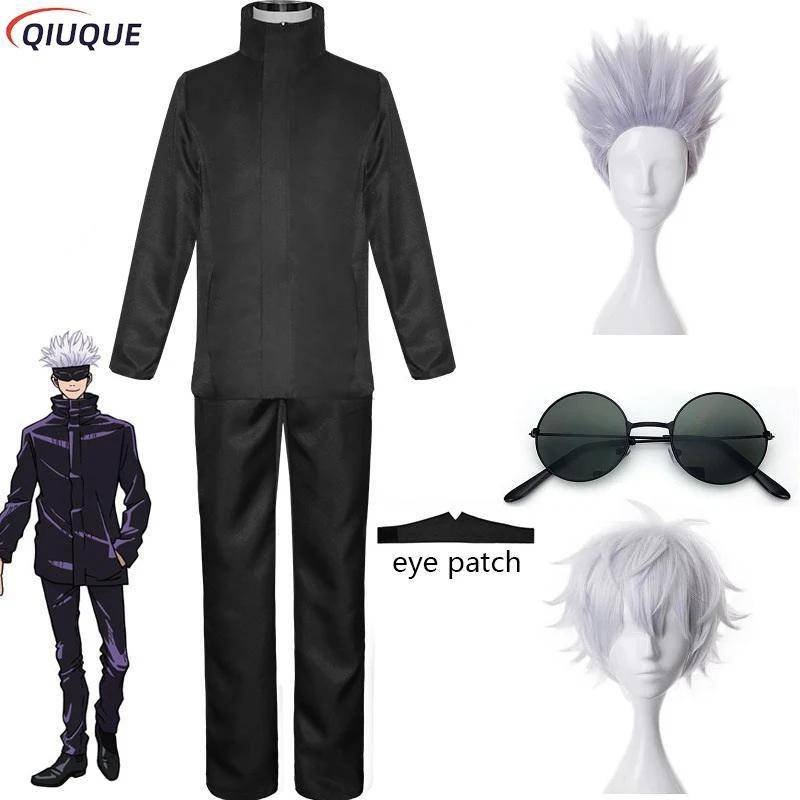 110-3XL Svart / Blå Gojo Satoru Cosplay Kostym Ögonlapp Peruker Glasögon Anime Halloween Fest Unisex Uniformer 140cm