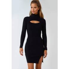 Black Ribbed Cut Out Roll Neck Dress - S