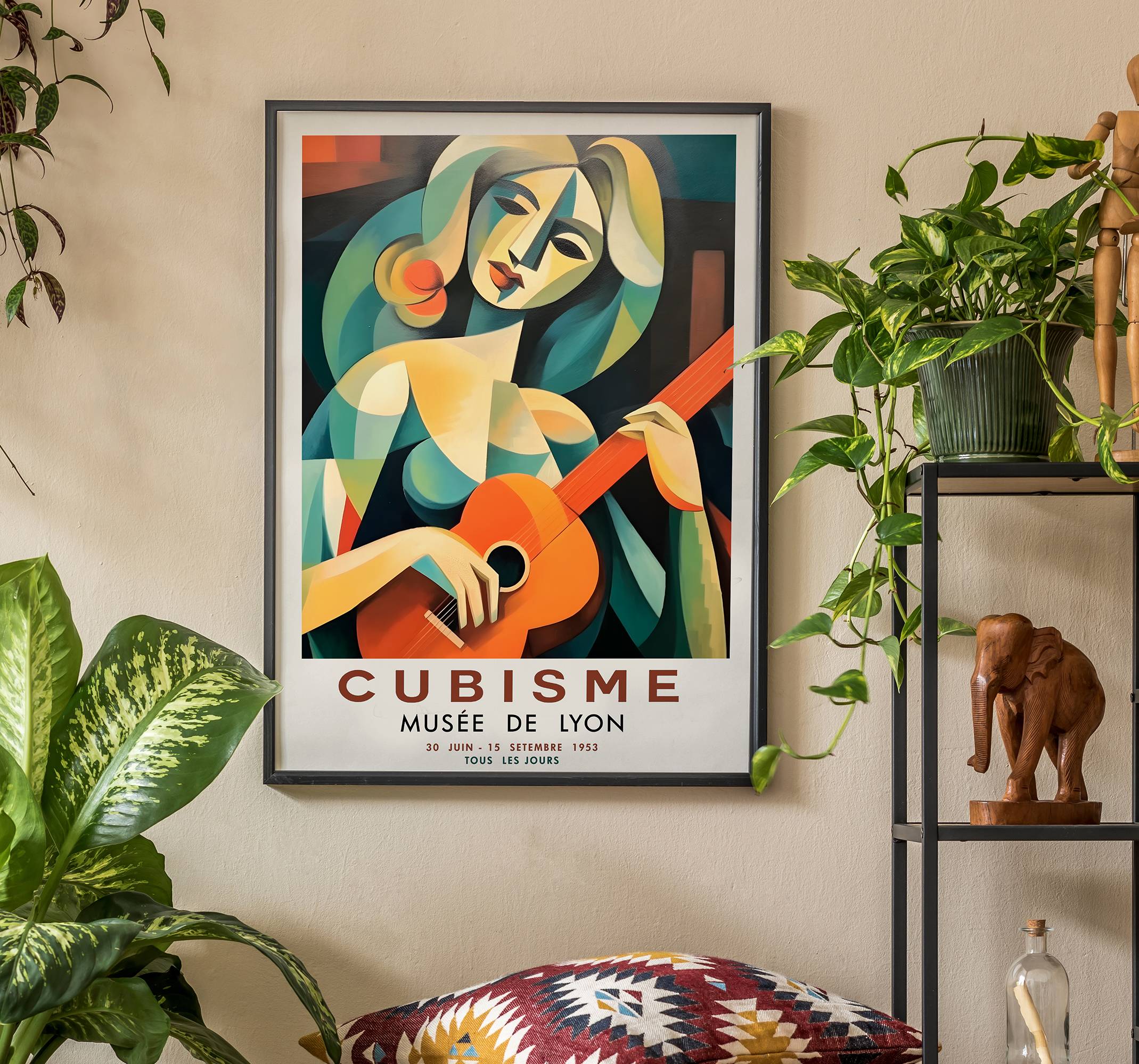 Kubistiska porträtt av kvinna med gitar posters