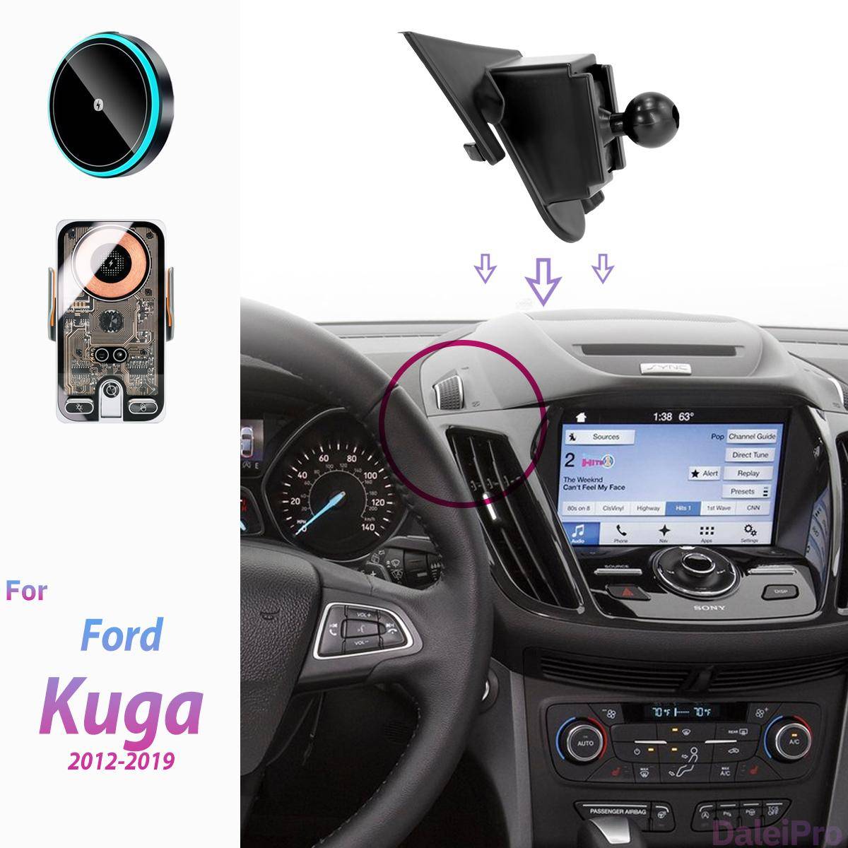 För Ford Kuga Escape 2012 2013-2019 Biltelefonhållare Trådlös Laddare Hållare Telefon Automatisk Klämma Bil Stark Magnetisk Hållare Bas
