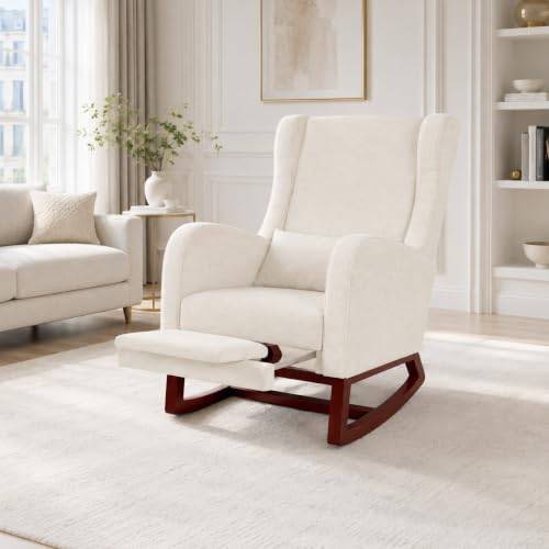 POYHKFD Gungfåtöljer, vadderad gungstol, skandinavisk gungstol med träbas, tjock fotstöd, 2 sidofickor, 1 ländkudde (beige + fotstöd)