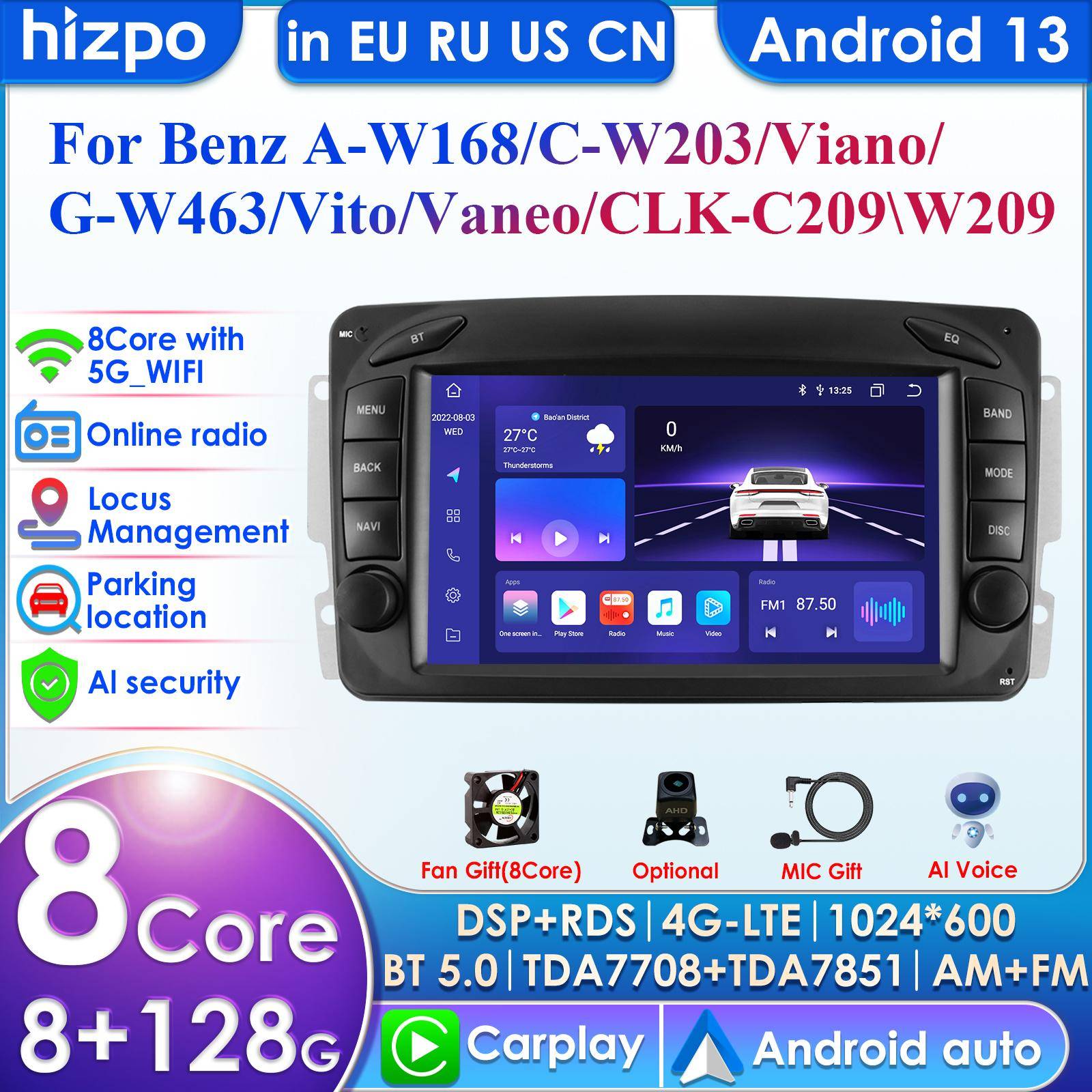 Hizpo 7  RDS Intelligent AI System Trådlös CarPlay Android Auto Radio för Mercedes Benz CLK W209 W203 W463 W208 4G Bilmultimedia GPS 2din Autoradio