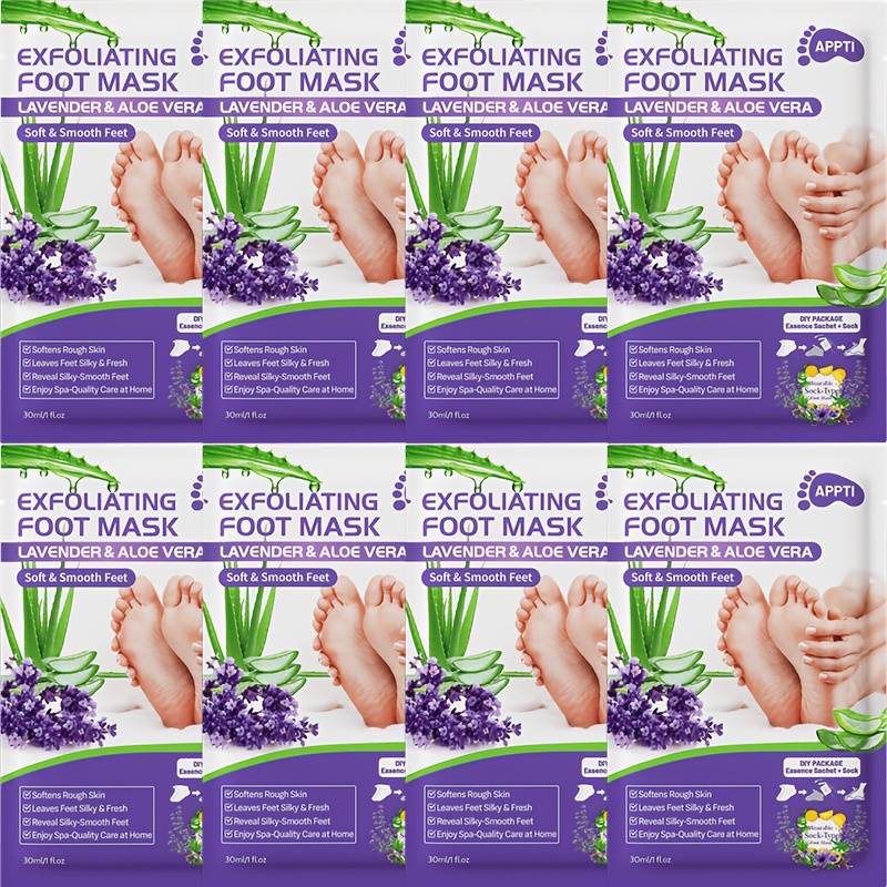 8pcs Lavender And Aloe Vera Exfoliating Foot Mask, Moisturizing And Nourishing For Rough And Dry Feet With Lactic Acid, Urea, And Acid