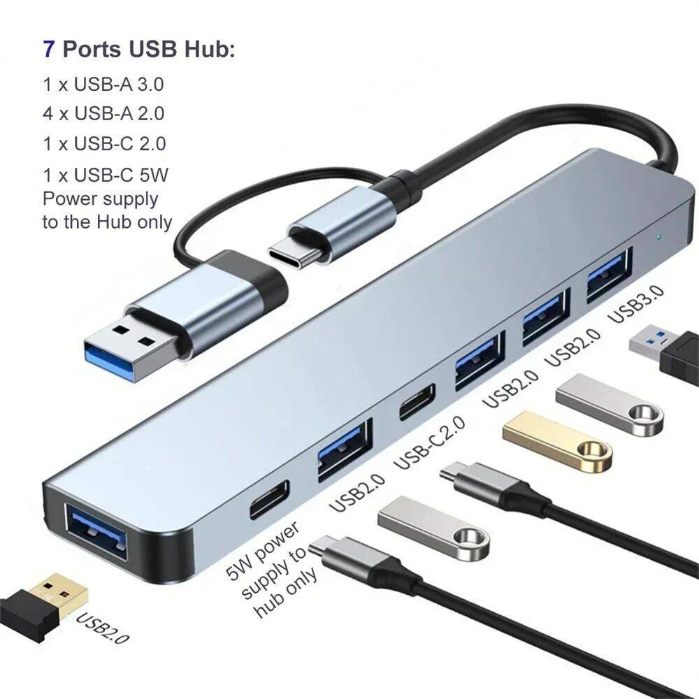 2 i 1 USB 3.0-hub 7 portar Multi USB-splitter Typ C Dockningsstation Typ C HUB OTG-adapter Plug and Play