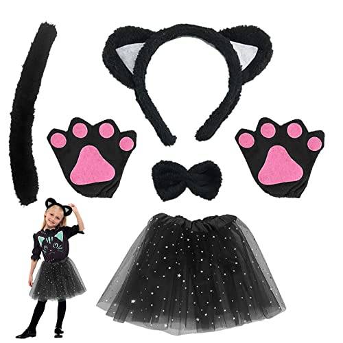 TSHAOUN dräkt set katt djurklänning cosplay set kattöron pannband kattunge svans öron krage tassar handskar svart tutu för halloween karneval (katt)
