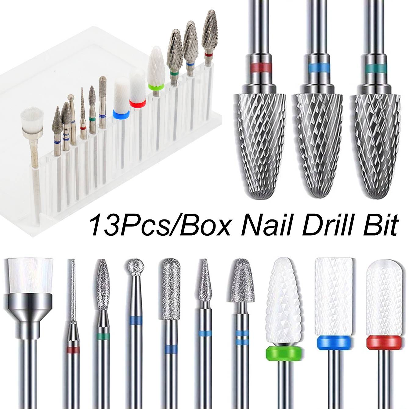 TEMU 13pcs/box Professional 3/32"ceramic Nail Drill Bit Set Electric Manicure Nail File Bit For Acrylic Gel Nails And Cuticles Manicure Tools Accessories