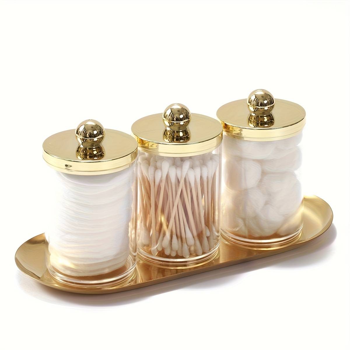 TEMU Qtip Holder Bathroom Set With Tray Acrylic Plastic Apothecary Jars Qtip Dispenser Canister With Lid Vanity Tray, For Ball, Swab