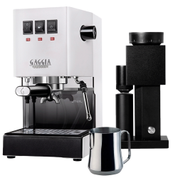 Gaggia Classic E24 Hvid Espressomaskine Inkl. Timemore Bricks Kværn 01S & Motta Aurora Kande 0,35L