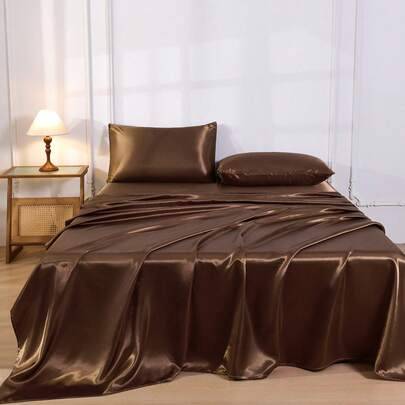 4-delat lyxigt sängklädesset i kaffebrun enfärgad silkeslen satin, 1 madrasslakan, 1 täcklakan och 2 örngott, madrasskyddsset (kuddfyllning ingår ej) (Multi-size)
