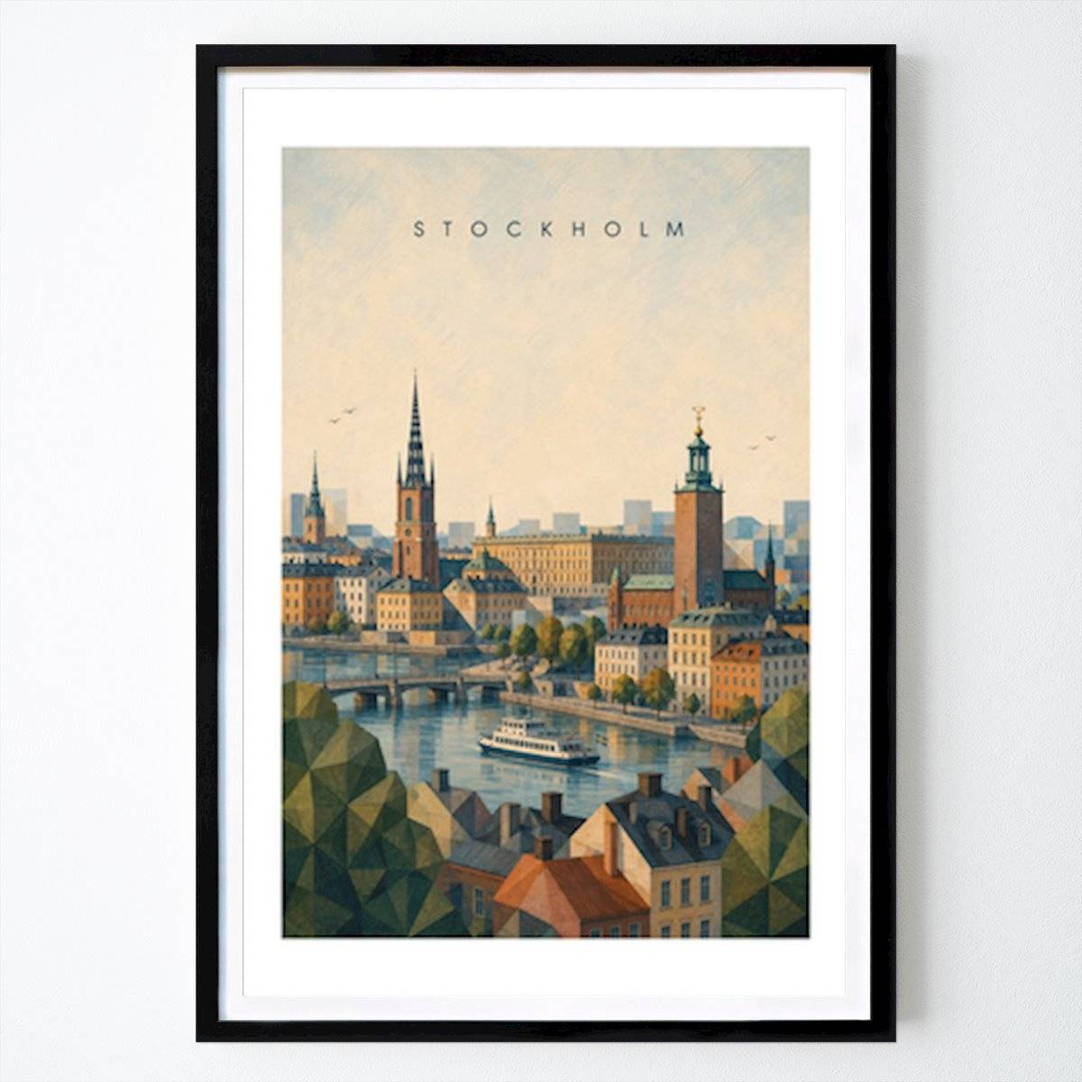 Stockholm Poster: Stockholm Serenity: En geometrisk akvarellstadsbild med ikoniska spiror och svensk flaggbåt av William Gustafsson