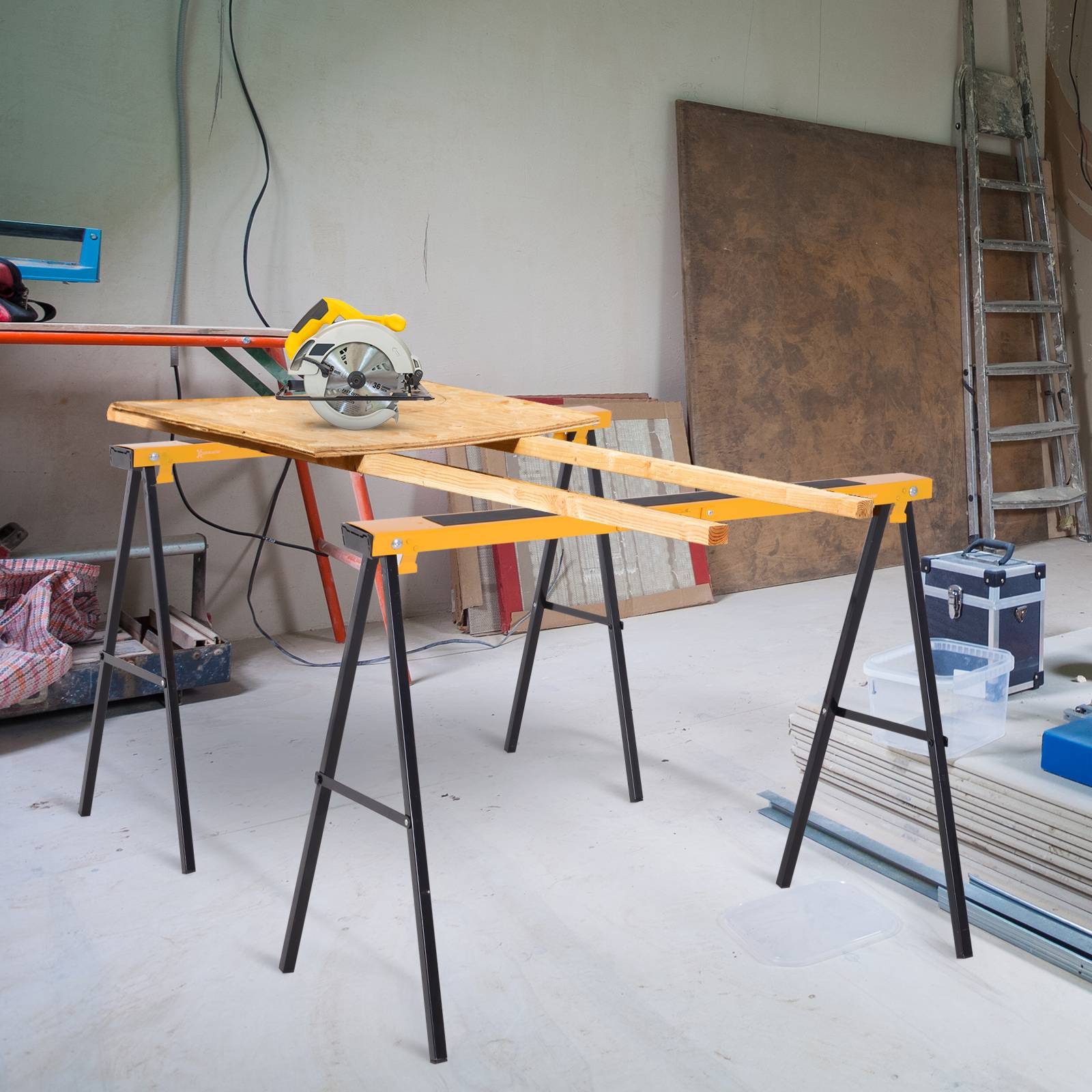 Sæt med 2 arbejdsbukke, hobbystativer, bæreevne op til 250 kg, metal, gul.