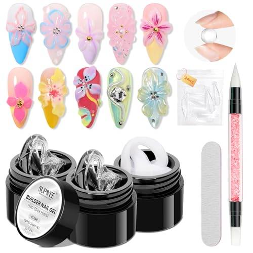 SUPWEE 3 stycken 3D-gelnagelkonst, non-stick klar vit multifunktionell 3D skulpteringsgel med silikonpenna solid builder nagelkonst geler för hem manikyr salong kvinnor flickor 5 g