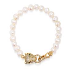 Nialaya, Accessories , Herre, Gul, M, Tyl, Men's Pearl Bracelet with Gold Panther