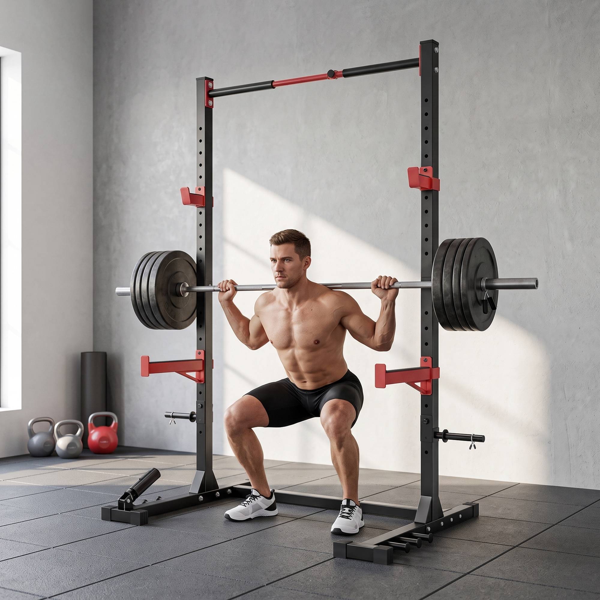 Power Tower Squat Rack Pull-Up Bar Fritstående med justerbar breddevægtpladeholder Landmine