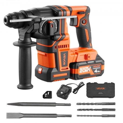 VEVOR Borrhammare, 20 mm SDS-Plus sladdlös, 20V batteridriven borrhammare, borstlös, inklusive batteri, laddare, 3 borrar, platt mejsel, spetsig mejsel, bärväska, för betong