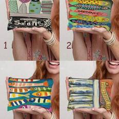 Retro Sardines Cosmetic Pouch,Olive Oil And Lemon Design, Unisex Adult Polyester Mini Makeup Bag, Hypoallergenic Zippered Toiletry Case, Pink Zippered - Multicolor - Style 1,Style 2,Style 3,Style 4