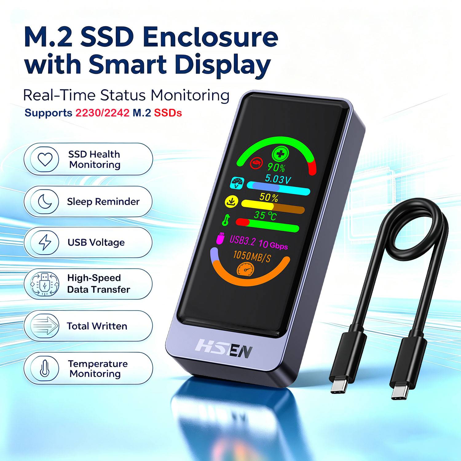 M.2 SSD Enclosure with Smart Display USB3.2 10Gbps Aluminum Case NVMe PCIe & SATA Dual Protocol External Hard Drive Box 2230/224