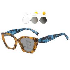 KOOSUFA Självtonande glasögon fjäril tjock ram glid läsglasögon damer fjädergångjärn progressiv multifokus anti-blått ljus fotokrom med UV-skydd solläsglasögon, 1 x brun blå, 3.0