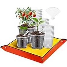 Mactoou 30 st växtkrukor i plast med planteringsmatta, 8,9 cm 10,2 cm 12,7 cm orkidékruka med hål, genomskinliga barnkammarkrukor med 20 st växtetiketter, 66 cm x 66 cm PE planteringsmatta för