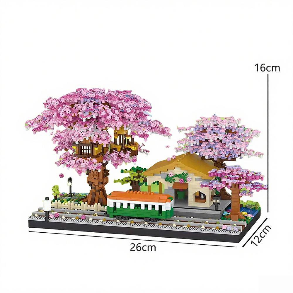 Körsbärsblomsträdkoja Tåg Mikro Miniblock Bitserie – Barnbyggklossleksak med Vårblomstrande Sakura Park-Vibbar