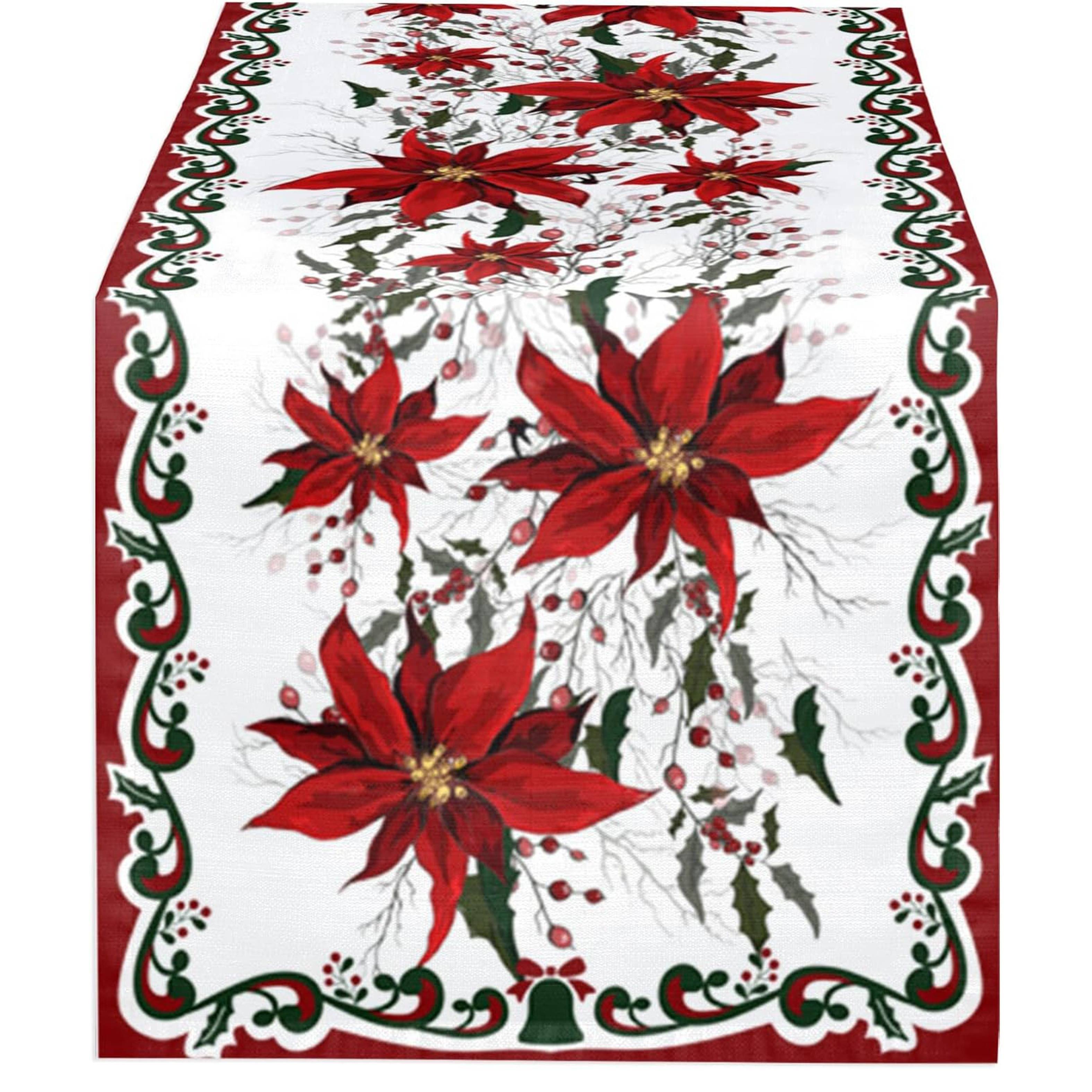 1pc, Linen Table Runner Dresser Scarf Christmas Poinsettia Lace Tablecloth For Farmhouse Dinner, Holiday Party, Wedding Event Decoration13 X 36, 13 X 48, 13 X 72, 13 X 90, 13 X 108