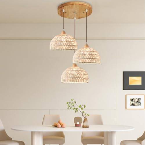 HEYUN Rotting Hänglampa 3-Glödlampa Vintage Pendelljus Matbord Justerbar E27 Boho Flätad Hänglampa Taklampa Handvävd Ljuskrona För Vardagsrum Sovrum Matsal Kök Hall（Ingen Glödlampa）(Round)