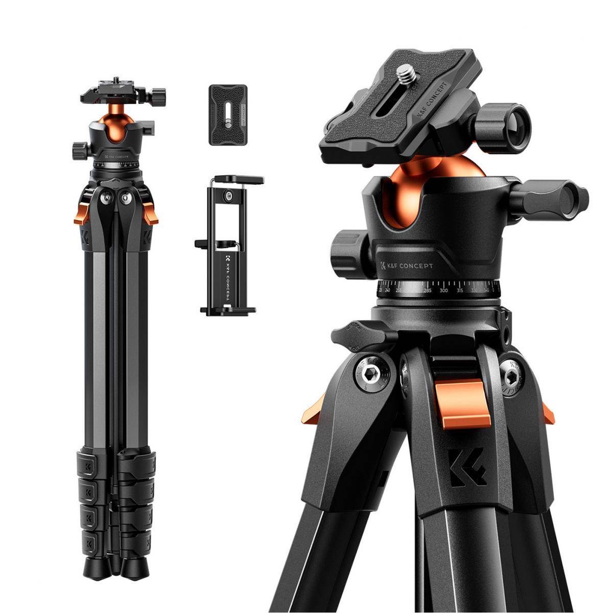 KENTFAITH 63" Aluminum Travel Camera Tripod with Arca-Compatible Ball Head, Compact Portable Lightweight Tripod Weighs 2.6 lb, Max Load 22 lb for DSLR Mirrorless Spotting Scope iPhone Teleprompter K&F CONCEPT