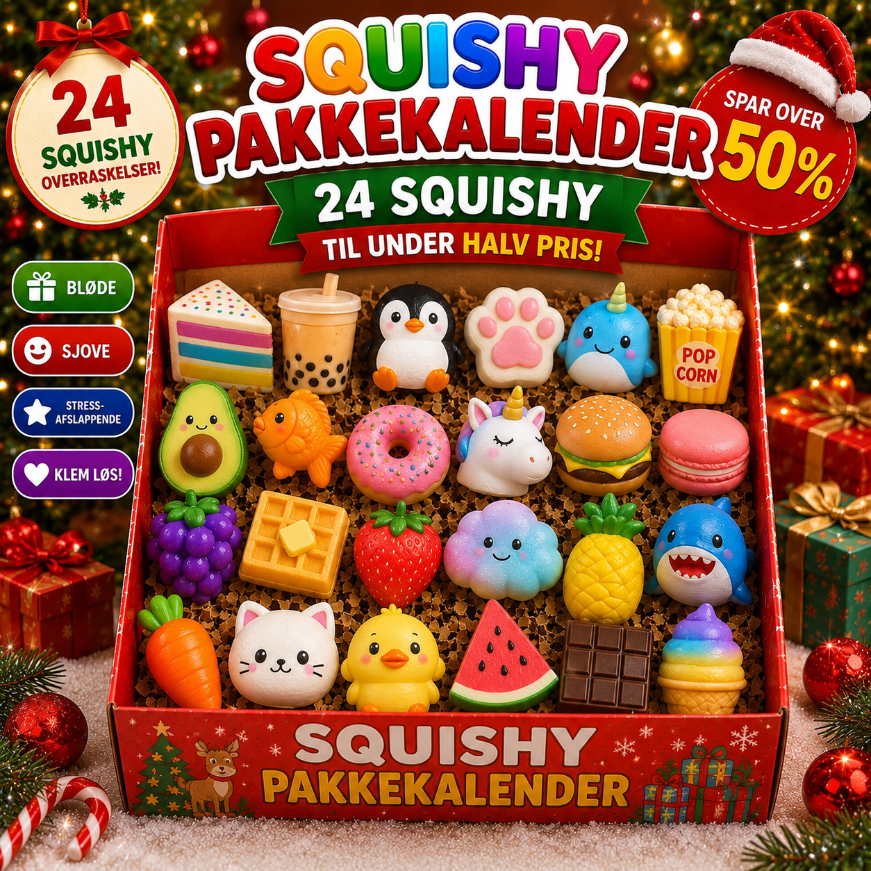 Squishy pakkekalender - 24 stk (INCL 1 XXL TIL DEN 24/12).