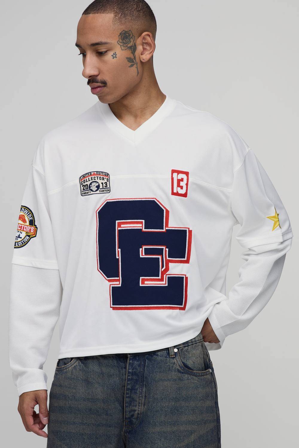 Oversized Boxy Mesh Faux Layer Applique Hockey Top | White | Size Large