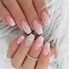 Franska naglar som trycks fast, fyrkantiga, falska naglar, rosa, vit, gradient, ballerina, nageltippar, akryl, heltäckande, glitter, självhäftande, för kvinnor, flickor, 24 st