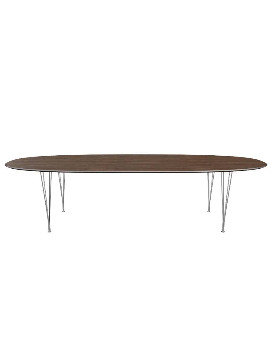 Piet Hein B617 Superellipse spisebord, 300 x 130 cm fra Fritz Hansen Valnød finér m. finérkant - Krom stel - Jacobsen Plus