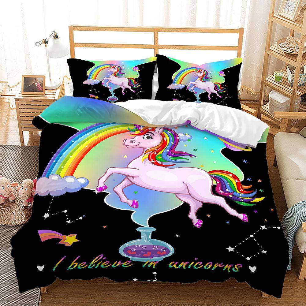 Sängklädesset med regnbågsenhörning för barn, sänglinne med tecknade djur för flickor, kawaii påslakanset, enkelsäng, enkelsäng, dubbelsäng, queen size EU King 240x220cm
