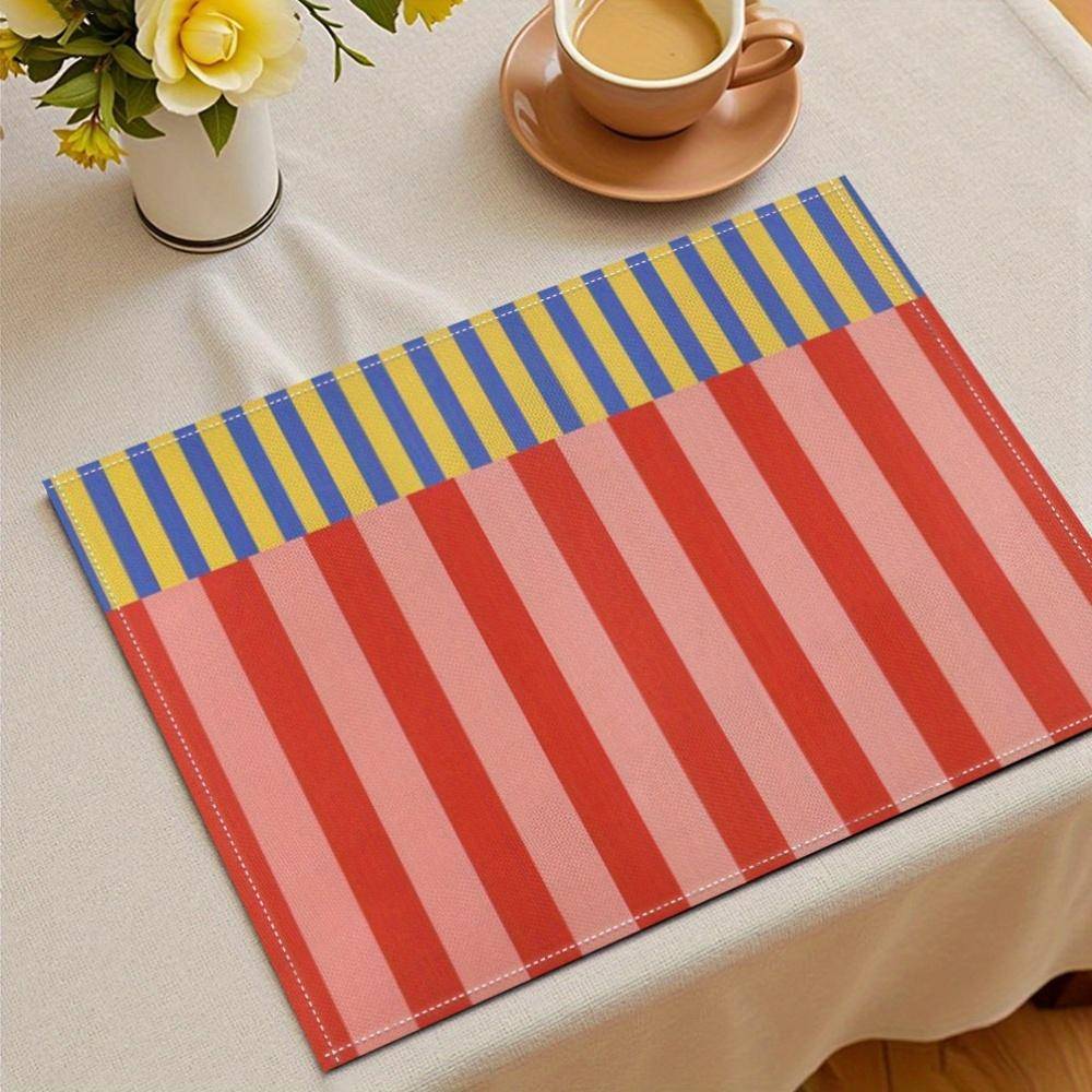 Set med 4 st Ljusrandiga Bordsdukar Röd Gul Blå Linne Bordsmatta för Kök Matsalsinredning beige