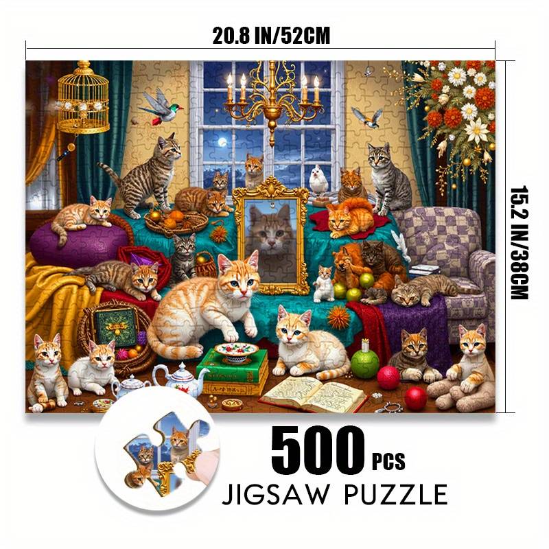 500/1000pcs Paper Jigsaw Puzzles Cats Gathering Warm Indoor Scene Large Puzzle Toy Exquisite Game Gift Family Interactive Game Puzzle Decoration Holiday Present