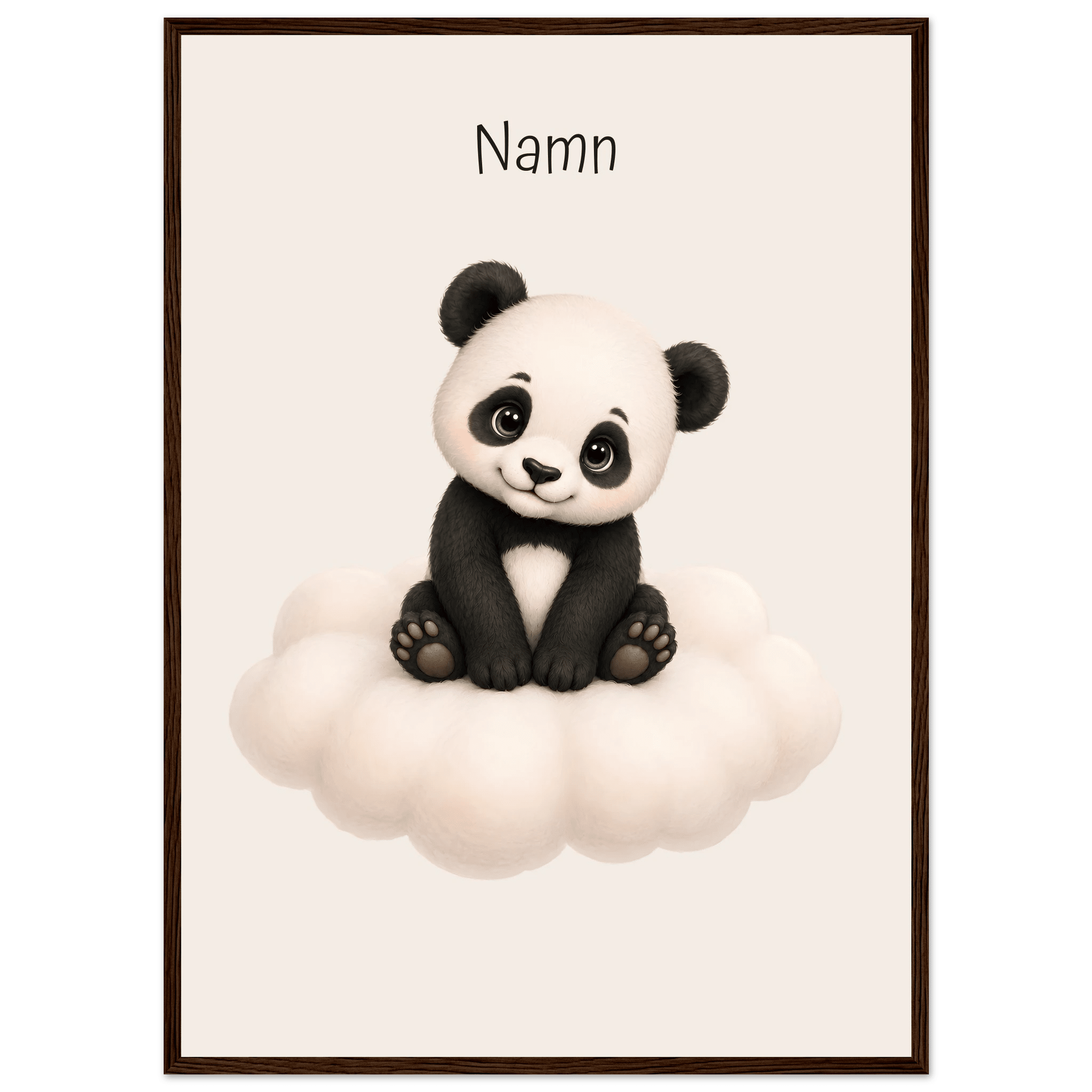 Panda på moln med namn-50x70 cm / 20x28″ / Med ram / Mörkt trä