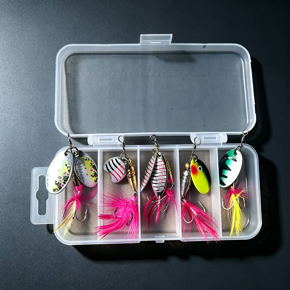 5Pcs Fishing Lures Spinner Baits Set with Box Feather Hooks Metal Lures for Bass Trout Pike Fishing Tackle Spinnerbaits