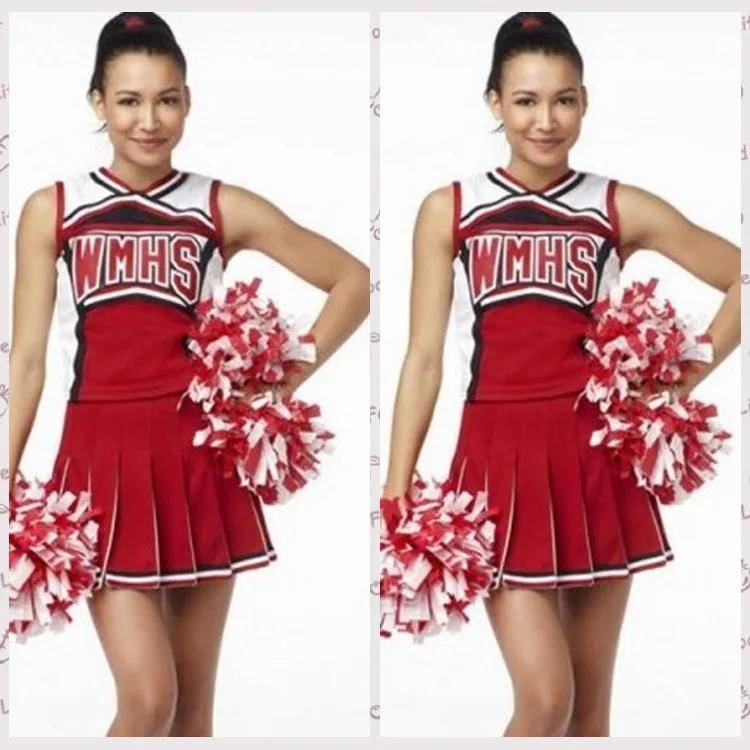 Gymnasiet Glee Club Tjej Cheerleader Kostym Glee Stil Cheerleading Varsity Cheerleader Cheerios Kostym Maskeraddräkt Uniform cm röd