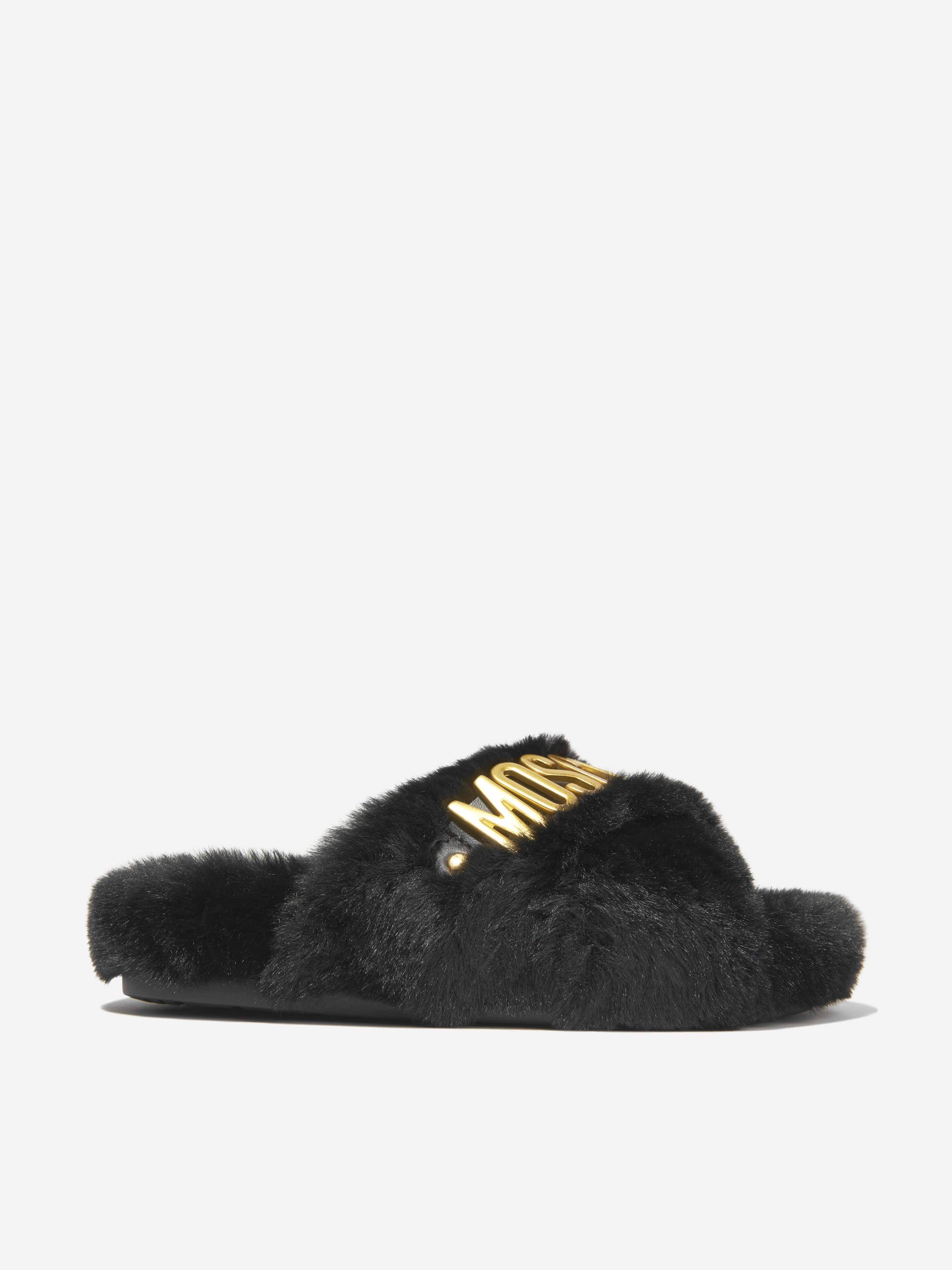 Moschino Girls Faux Fur Logo Slippers - Black / EU 37 UK 4 (EU 37 UK 4)