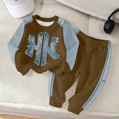 2-delat set för babypojkar med avslappnad sweatshirt i fleece med 3D-bokstavstryck, rund hals och lång ärm, samt matchande fleecebyxor, lämpligt för h - Multifärgad (6-9M,9-12M,12-18M,18-24M,2-3Y)