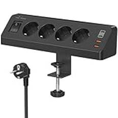 Bordsuttag med USB C (PD 20 W), 8-i-1 grenuttag, skrivbord med strömbrytare, 4-vägs flera uttag, 4 USB, överspänningsskydd med 2 m kabel för hem och kontor (svart)