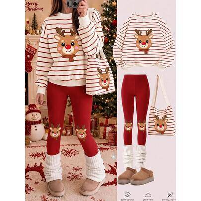 1 set avslappnad och bekväm juloutfit för flickor, modernt mångsidigt personligt set med rödrandig sweatshirt med rund hals och julhjorttryck samt röd - Multifärgad (8Y,9Y,10Y,11Y,12Y)