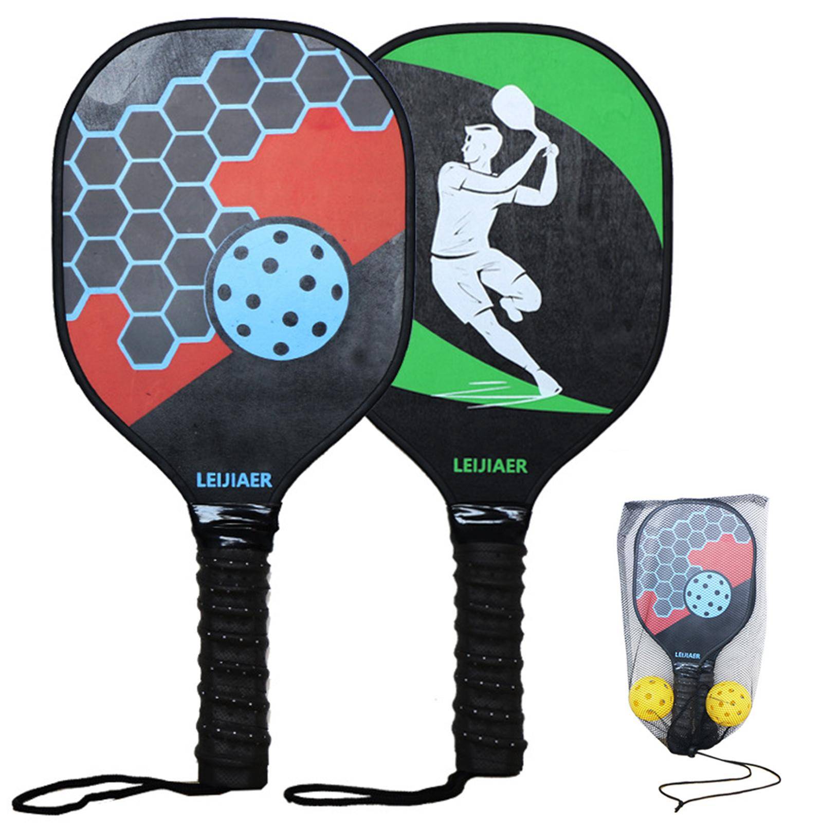 Pickleball Paddles Set med 2 pickleballracketar i trä med bollar och nätförvaringsväska för nybörjare
