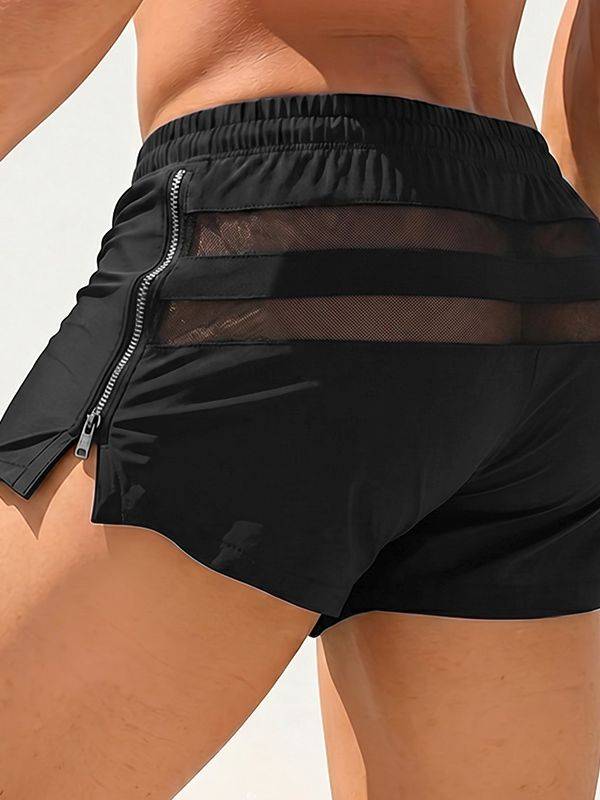 Men's Pool Party Beachwear Mesh Spliced Side Zipper Muscle Fit Short SKUL72440 - Black / S