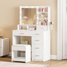 Hzuaneri Sminkbord med 3-FäRgad Led-Justerbar Ljusstyrka, med Stickkontakt och Stor Spegel, Pall och HåRtorkhåLlare, Sminkbord Med Flera LåDor, 6 öPpna FöRvaringsutrymmen, Vit DT39003X